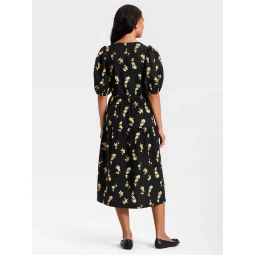Black Floral Midi Dress with Puff Sleeves